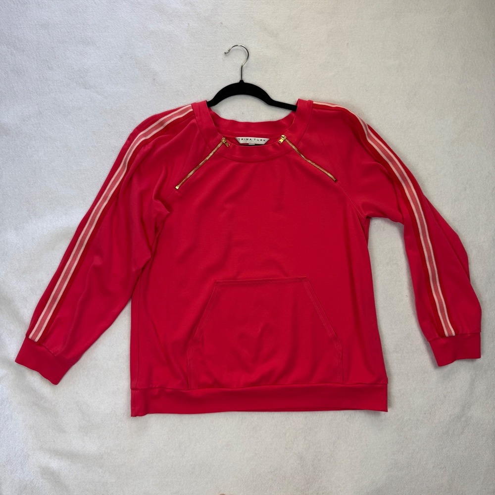 Trina Turk Women's Sweatshirt Kangaroo Pockets Size L‎ Pullover Zippers Coral